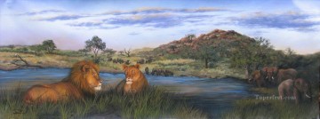  le art - lion et éléphant coucher de soleil africain